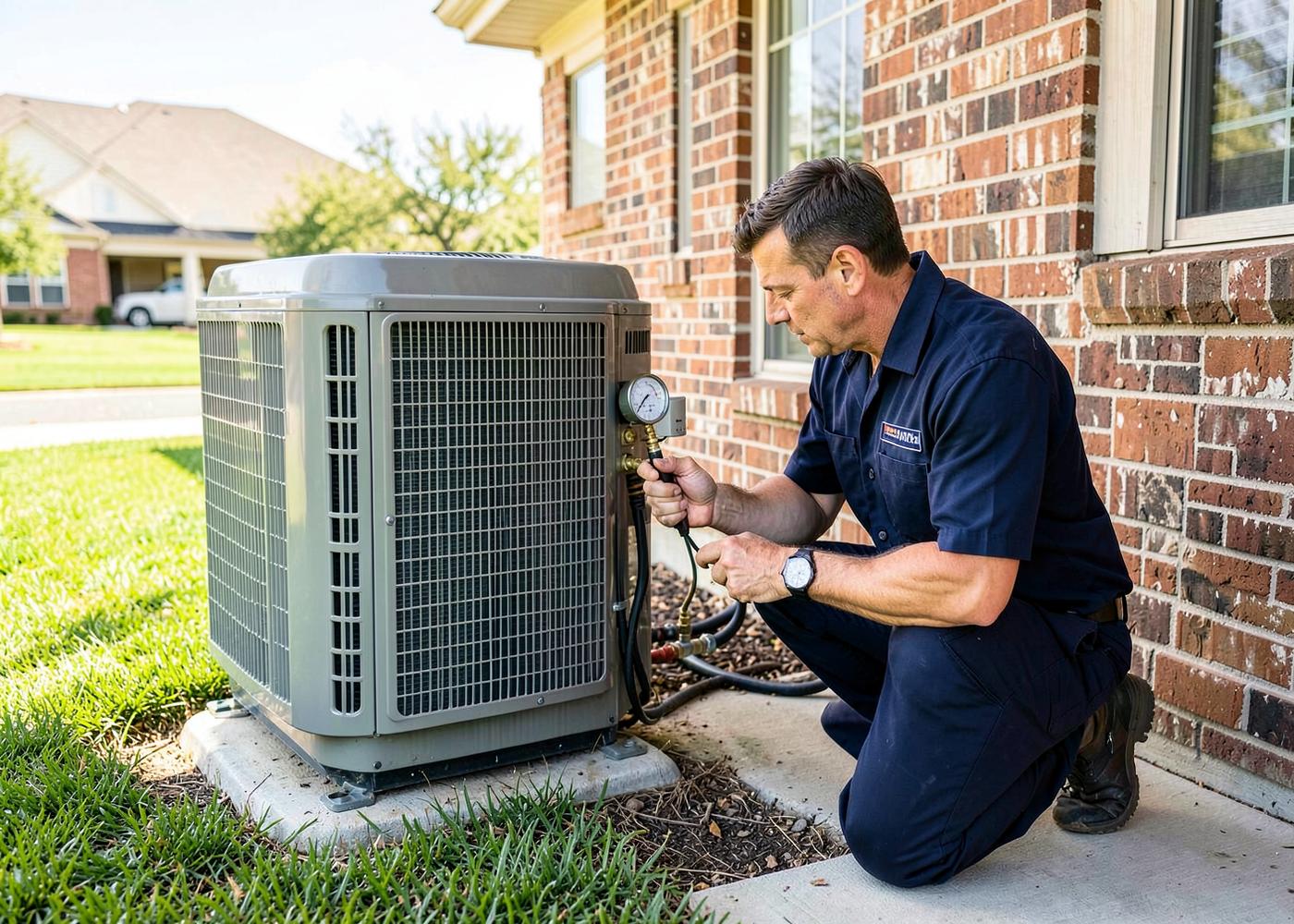 HVAC technician servicing a residential air conditioning unit outside a suburban home